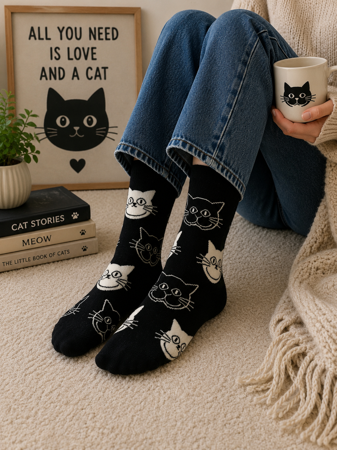 Curious Cat Socks Black