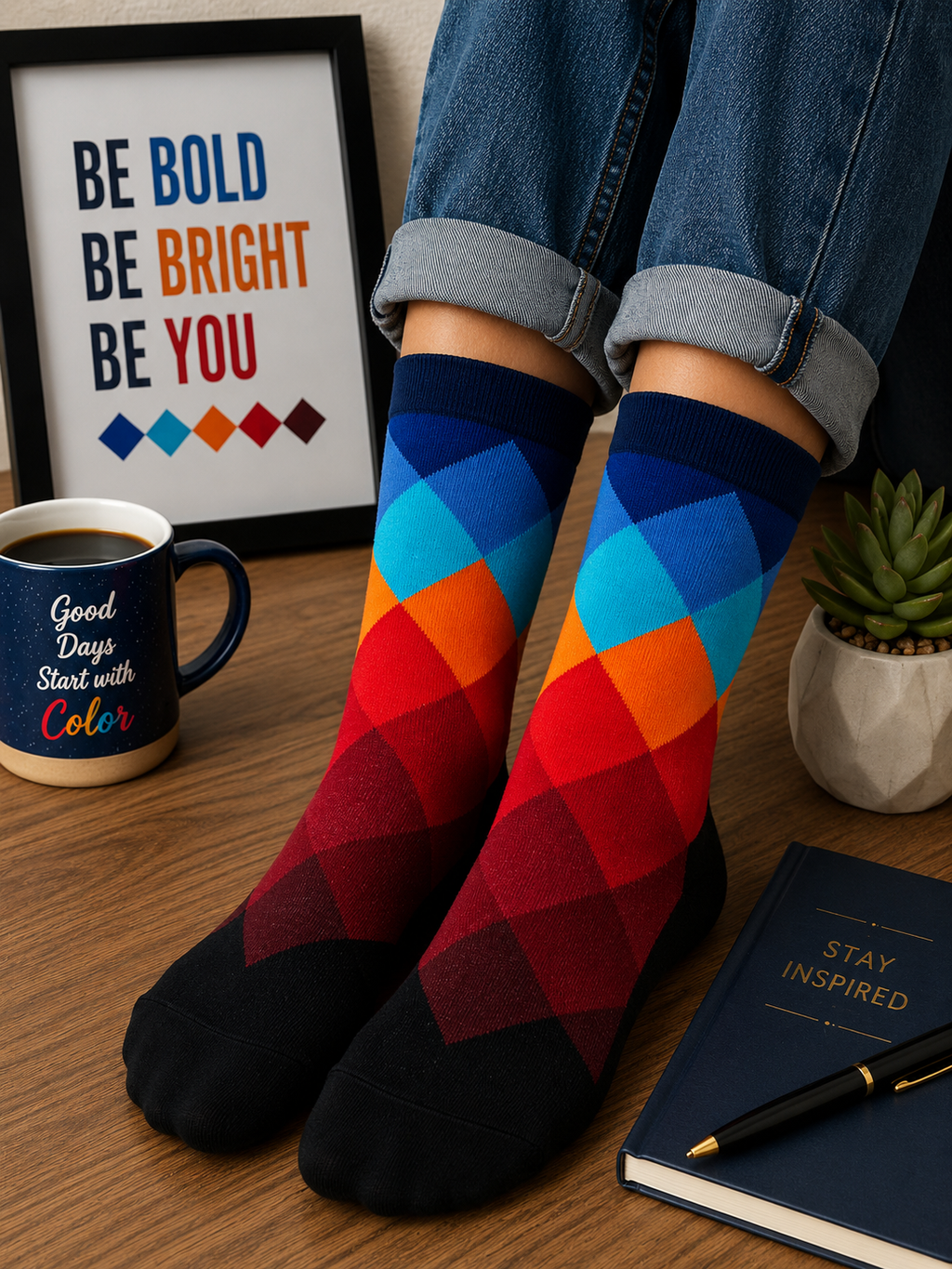 Color Burst Argyle Crew Socks – Vibrant Geometric Statement Socks